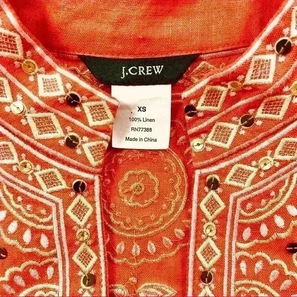 J. Crew Coral Embroidered Embellished V-Neck Linen Kimono Tunic Top Size XS - Picture 12 of 12